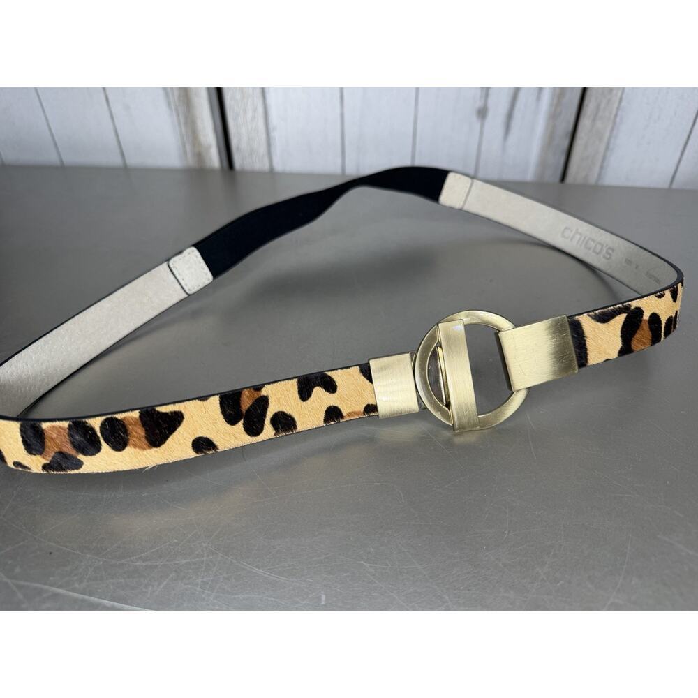 Chicos Leopard Print Leather Belt Medium Stretch Toggle Buckle Hair-on-Hide